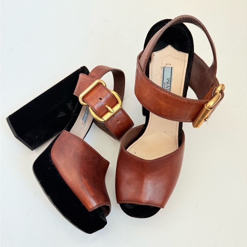 Prada Black/Brown Velvet & Leather Platform Block Heel Ankle Strap Sandals EU 39